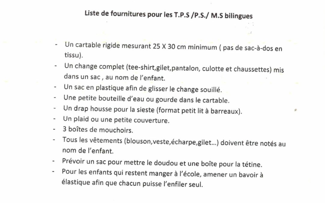 Liste des fournitures Classes bilingue Rentrée 2025