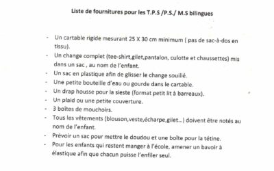 Liste des fournitures Classes bilingue Rentrée 2025